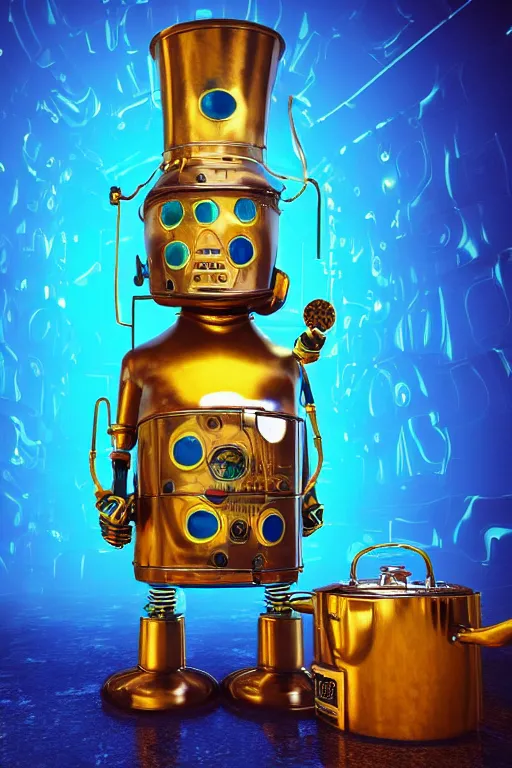 Image similar to portrait photo of a giant golden and blue metal steampunk robot chef wearing a big chef hat, with steaming pots and pans and tubes, eyes are green lights, shiny crisp finish, 3 d render, 8 k, insaneley detailed, fluorescent colors, background is multicolored lasershow