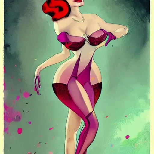 Image similar to a pinup illustration of dita von teese in the style of anna dittmann and in the style of alex maleev.