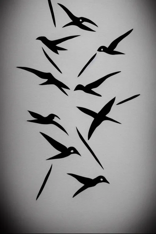 Image similar to a simple tattoo design of minimalist swallows flying into geometric lines and simple basic shapes, black ink, abstract logo, line art