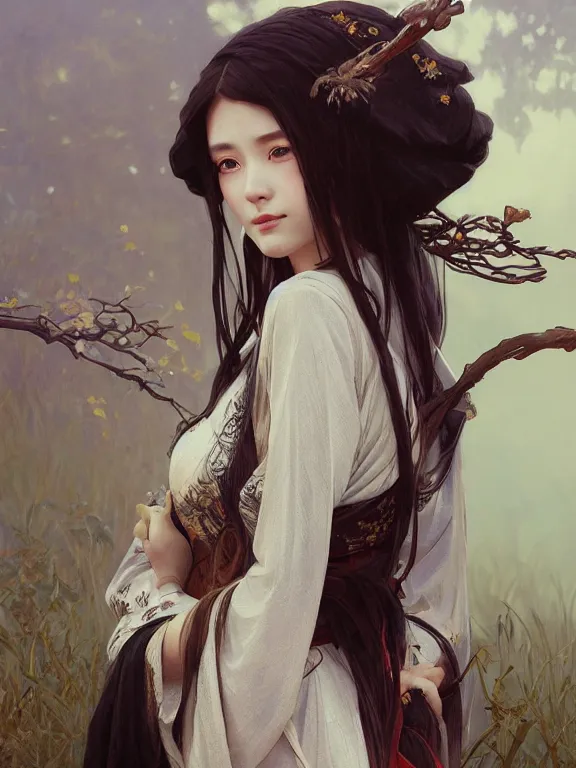 Image similar to portrait of a beautiful seductive european girl wearing hanfu, farm background, fantasy, d & d, dark eyeliner, intricate, elegant, highly detailed, digital painting, artstation, concept art, matte, sharp focus, illustration, art by greg rutkowski and alphonse mucha