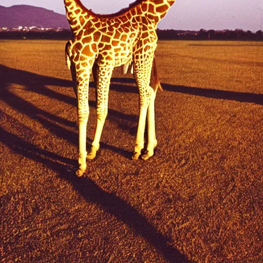 Prompt: a low angle photo of a cat giraffe hybrid, at the golden hour, dusk, sunset, sunrise, warm lighting, strongshadows, photo by slim aarons, award winning