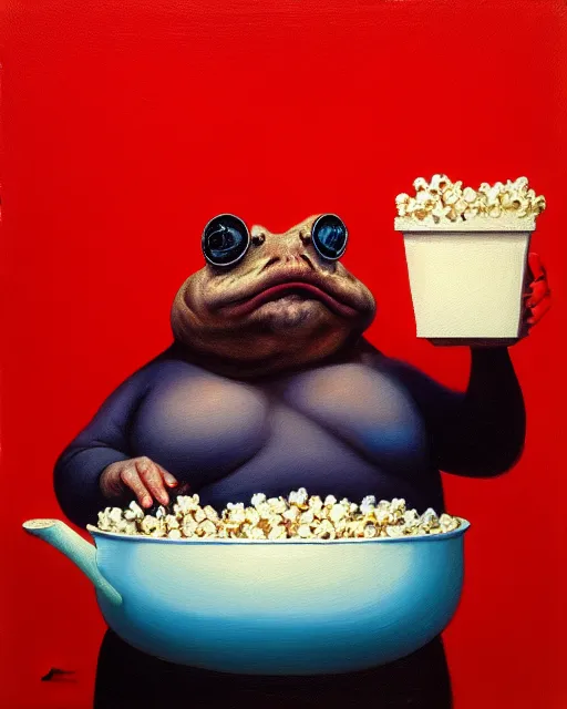 Prompt: hyper realistic oil painting of a fat toad wearing anaglyph red - blue glasses with popcorn pot, vibrant colors, high contrast, by greg rutkowski, trending on artstation