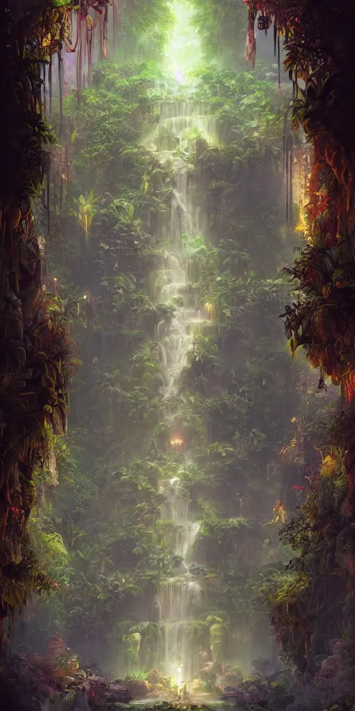 Prompt: Detailed Interior of the Tropical Jungle Monastery Ruins, Waterfall walls, lush vegtation, light shafts, the glowing throne, stunning atmosphere, in Style of Peter Mohrbacher, cinematic lighting