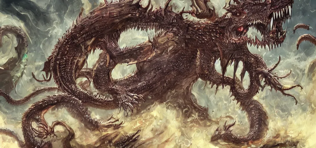 Image similar to concept art of dragon attack, lovecraftian, lots of teeth, melting horror, feathers, fighting the horrors of the unknown with laser guns