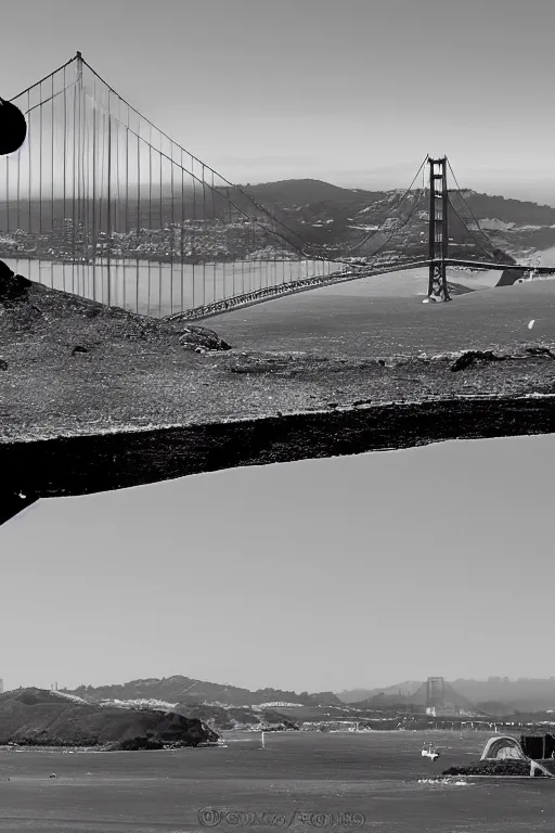 Prompt: a space ship emerging from beneath the San Francisco Bay, Golden Gate Bridge in background