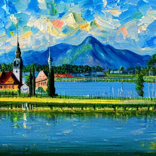 Image similar to a beautiful impasto oil painting of the city of the chiemsee, digital art