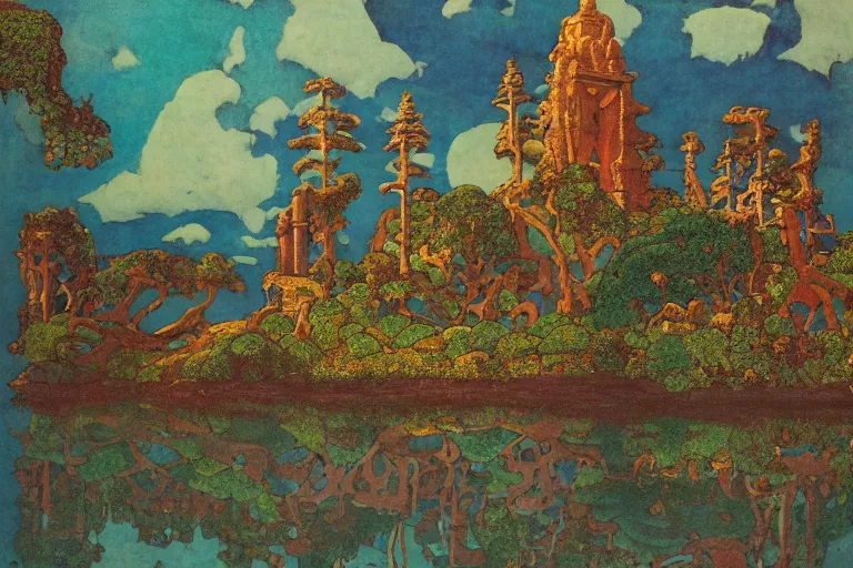 Prompt: ancient temple by a lake | by Edmund Dulac and Maxfield Parrish and Nicholas Roerich | ornate carvings| climbing vines| rich color | dramatic cinematic lighting