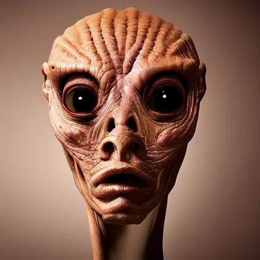 Prompt: portrait shot of a humanoid alien with reptile features, award, winning, sothebys, fine art photography