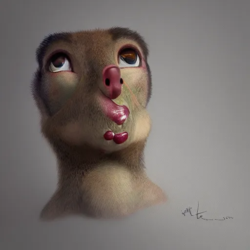 Image similar to character portrait, marsupial with big oval eyes, small pointed nose, bushy eyebrows, ears like flowers, and a square mouth, award winning art, octane engine, artstation, 4 k hd masterpiece