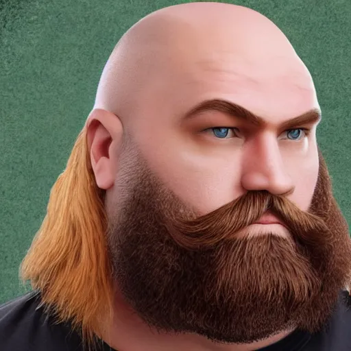 Image similar to burly russian man with large jaw, medium - length red hair, short goatee, innocent green eyes, and broad shoulders