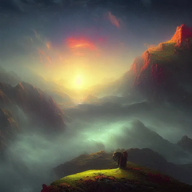 Image similar to fantasy landscape in the form of the human eye, volumetric lighting, colorful, sharp and focus, ultra detailed, beautifully lit landscape, astrophotography, in the art style of dan mumford, ivan aivazovsky and marc simonetti