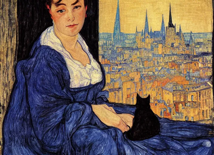 Prompt: close portrait of woman in night gown with cat, with city with gothic cathedral seen from a window frame with curtains. thunderstorm, deep indigo. caravaggio, egon schiele, bonnard, henri de toulouse - lautrec, utamaro, monet - h 7 0 4