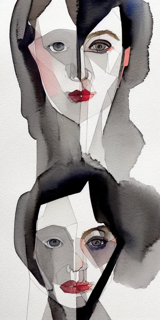 Image similar to beautiful face woman, symmetrical, grey, colorless and silent, watercolor portraits by Luke Rueda Studios and David downton