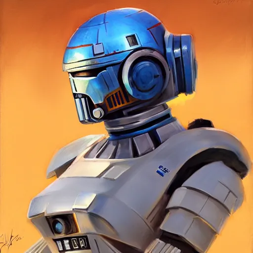 Image similar to greg manchess portrait painting of r 2 d 2 as overwatch character, medium shot, asymmetrical, profile picture, organic painting, sunny day, matte painting, bold shapes, hard edges, street art, trending on artstation, by huang guangjian and gil elvgren and sachin teng