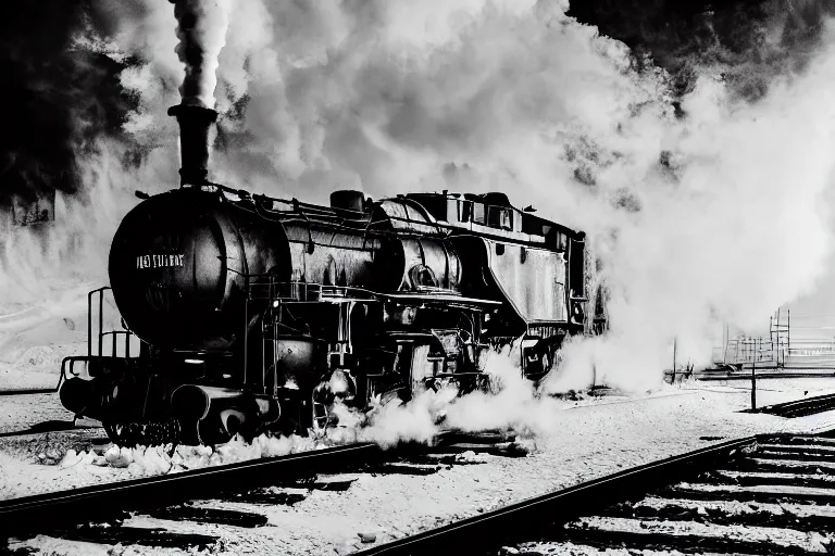 Image similar to black and white photograph of snowpiercer thundering down the rails at high speed, black smoke coming from the locomotive, cinematic, volumetric light, f 6 aperture, cinematic eastman 5 3 8 4 film