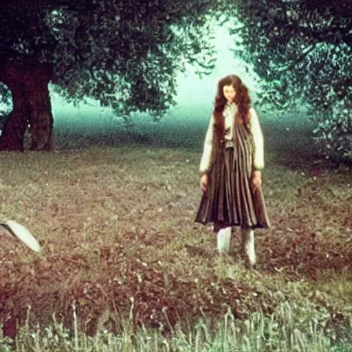 Prompt: ! dream a man is standing by apple tree. he watches a woman who has a very large silver key. folk horror. eerie. fine detail. realistic. fireflies. colourful