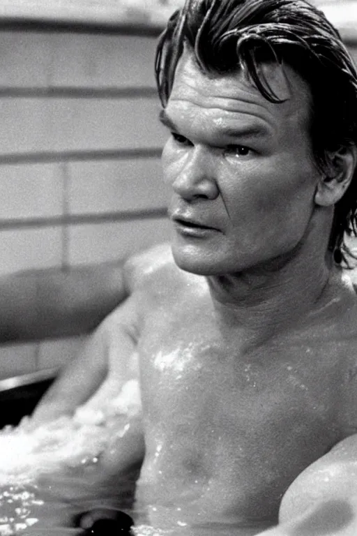 Prompt: patrick swayze swimming in a bath tub of baked beans, realistic, moody grindhouse, dark
