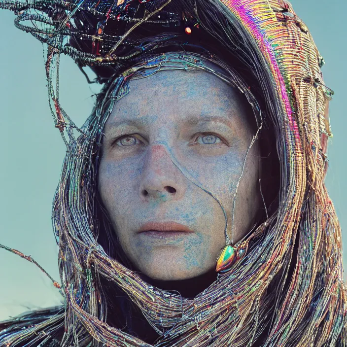 Image similar to closeup portrait of a woman with a hood made of wire and rainbows, standing in a fertile apocalyptic landscape, by Annie Leibovitz and Steve McCurry, natural light, detailed face, CANON Eos C300, ƒ1.8, 35mm, 8K, medium-format print