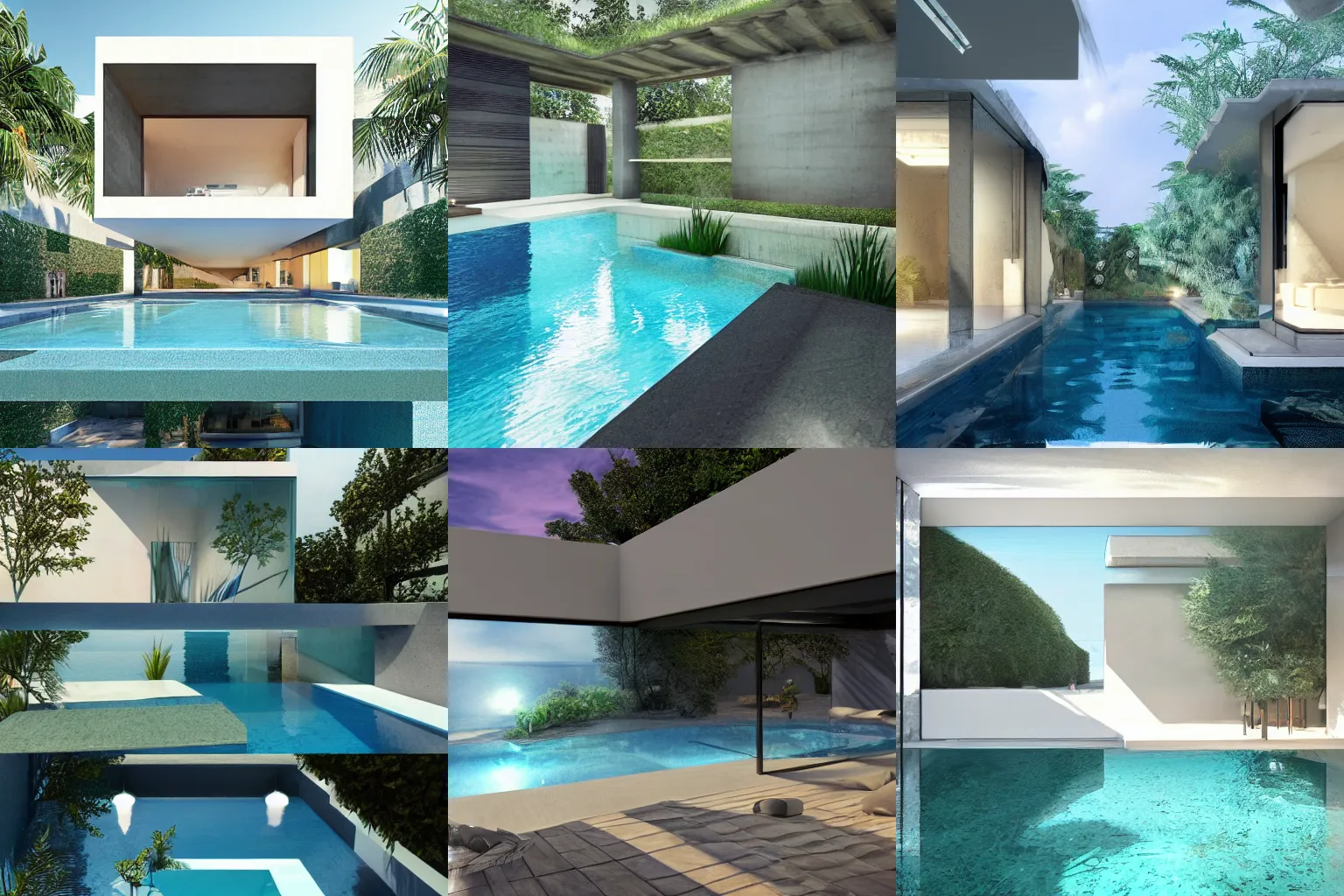 Prompt: trending on artstation award-winning architectural design of a private small swimming pool with concrete sand beach concept art hyperrealistic intricately detailed reflections