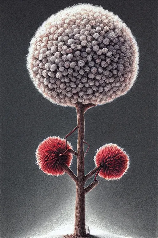 Image similar to an ant's perspective of a pompom tree, digital illustration by chris van allsburg and artgerm, surreal, photorealistic