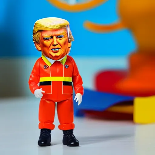 Image similar to toy action figure of donald trump in orange jumpsuit, happy meal toy, realistic, product photo