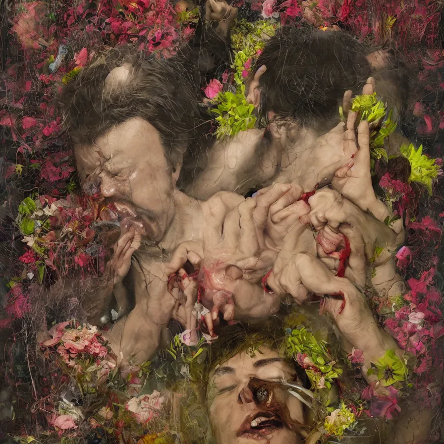 Image similar to male portrait of todd solondz eating rotten flesh and puking blood wearing a thong, surrounded by flowers by francis bacon, karol bak, james jean, tom bagshaw, rococo, trending on artstation, cinematic lighting, hyper realism, dramatic, emotional, octane render, 8 k, hyper detailed.