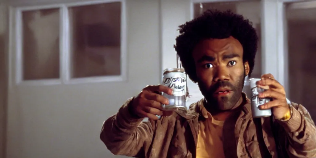 Prompt: Donald Glover, holding a soda in his hands, as Jules Winnfield in 'Pulp Fiction 2: The Enemy Within' (2004), movie still frame