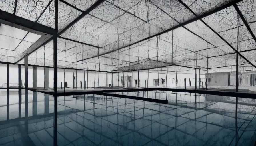 Prompt: symmetrical establishing shot of The unsettling courtyard of a monochrome modernist hotel designed by Luis Barragán, An empty swimming pool in the foreground. Walls are made of delicate lace of white slime mold. Single point perspective photographed by Wes Anderson and Andreas Gursky. Cinematic, dramatic lighting, moody, eerie, illustration, uncanny, creepy Sigma 75mm, very detailed, golden hour, Symmetrical, centered, intricate, Dynamic Range, HDR,