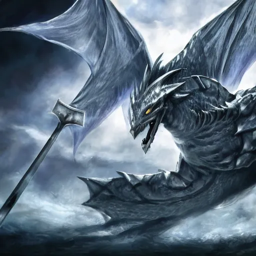 Prompt: a legendary white knight wiekling an enchanted curved sword, riding a white dragon with blue eyes, tearing through an army of grey ghouls, hd wallpaper