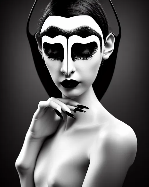 Image similar to surreal mythical dreamy dark artistic black and white fine art 3 / 4 fashion portrait photo of a young beautiful delicate female robot with orchid - owl face, rim light, cinematic, studio dramatic light, poetic, masterpiece, octane render, 8 k, photo - realistic by hg giger and man ray