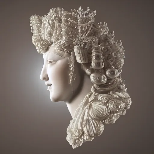 Image similar to highly detailed photography of a woman wearing venetian woman mask, sculpted in white opalescent marble, with lots of thin ornaments, disolving with a luminous background, curves and chaotic fractal art inlays, intricate, 8 k, white box, cinematic light, high aperture, background atmospheric effects