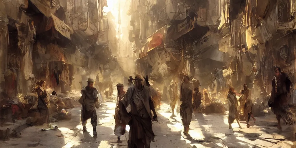 Image similar to highly realistic concept art, anders zorn, craig mullins, rutkowski, dramatic light, in the streets of the bustling city of ancient cairo