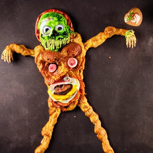 Image similar to a humanoid bipedal upright zombie that strongly resembles a hamburger, professional food photography