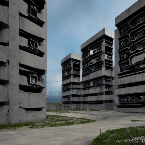 Image similar to sci fi utopian far future research facility exterior, brutalist architecture, grand scale, epic design