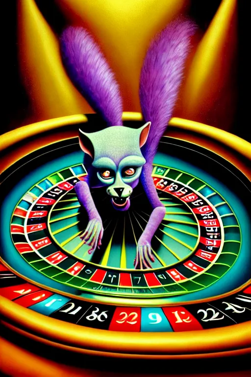 Prompt: a hyperrealistic painting of a chimeric creature playing roulette at the casino, cinematic horror by chris cunningham, lisa frank, richard corben, highly detailed, vivid color,