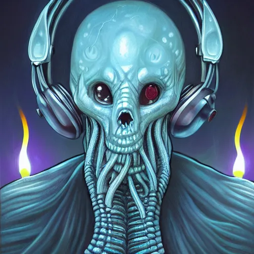 Image similar to ilithid mindflayer wearing headphones and playing synthesizers, glowing candles, elegant, intricate, digital painting, airbrush painting, artstation, sharp focus, illustration, by HR Giger,