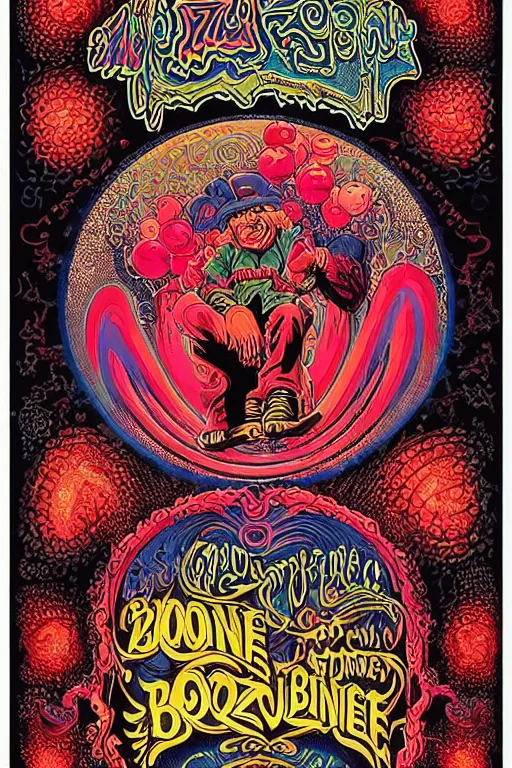 Image similar to Flowing lettering that says The Bozone, Fillmore concert poster for The Bozone by Robert Crumb, by Victor Moscoso, by Laurie Lipton, black light velvet poster for a band called The Bozone, intricate paisley filigree of lettering that says The Bozone, Bozo the clown. Clown motif, Shiny bulbous red clown nose at the center of an infinite fractal mandala tunnel of clowns, Unreal Engine, Cryengine, trending on Artstation,