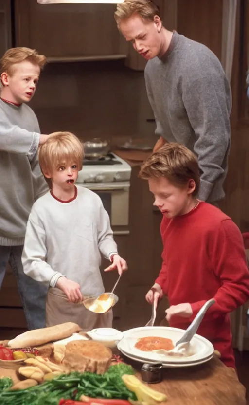 Image similar to kevin mccallister cooking harry and marv for dinner, photorealistic, realistic, detailed, hyperrealistic, 8 k, hdr, high quality, high resolution, lossless quality