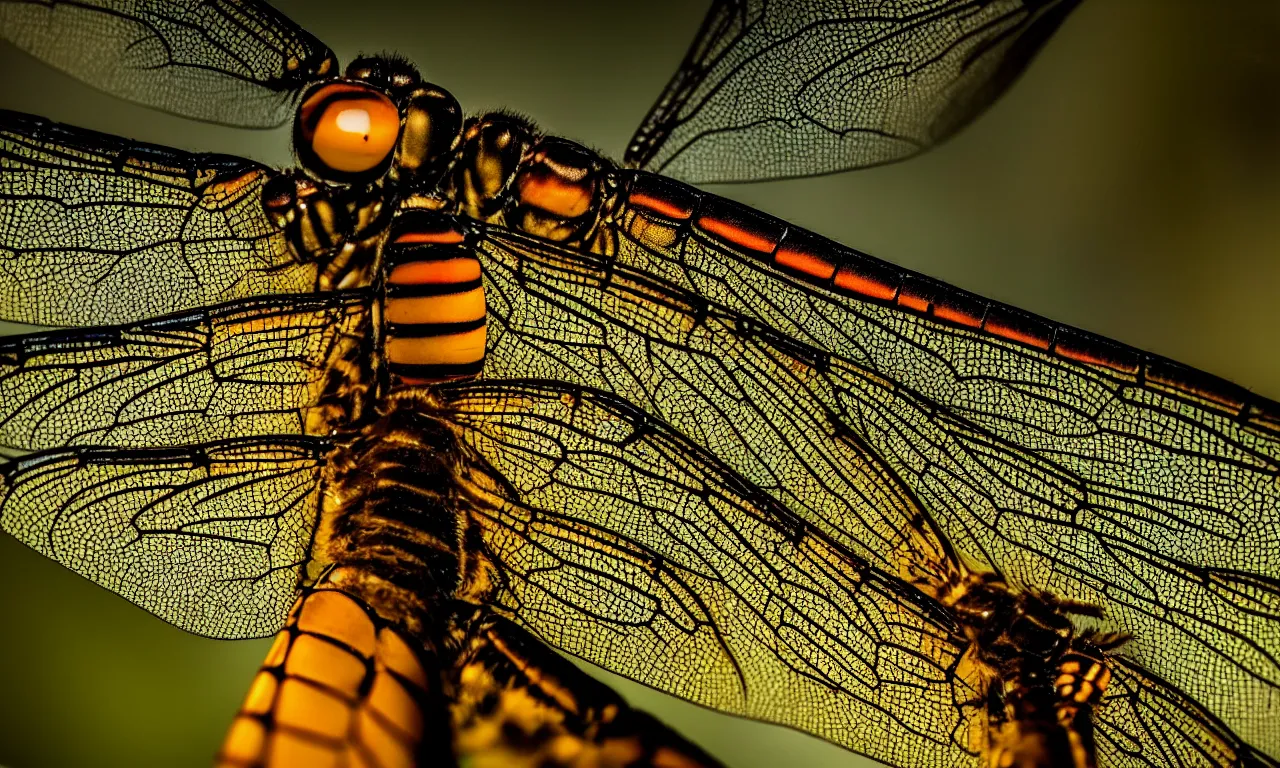 Image similar to extreme close up on a dragonfly wing. photorealistic. intricate details. 3 5 mm photograph. dramatic lighting. action shot. absolute focus. masterpiece.