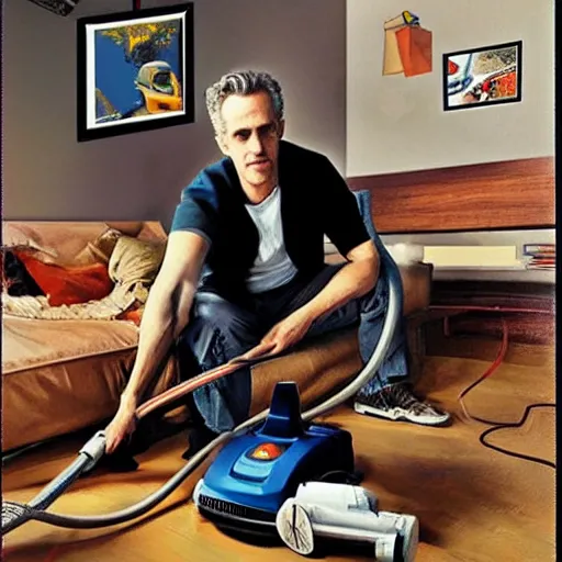 Image similar to Jordan Peterson cleans his room with a vacuum, motivational poster, inspirational art, high detail, realistic, mid shot, open, sharp