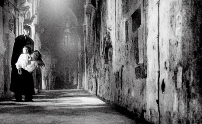 Image similar to haunting in Venice, still from an old surrealist black and white movie directed by Jan Svankmajer, Béla Tarr, Ingrid Bergman and Robert Wiene. Dark background, dramatic lighting, detailed, cinematic