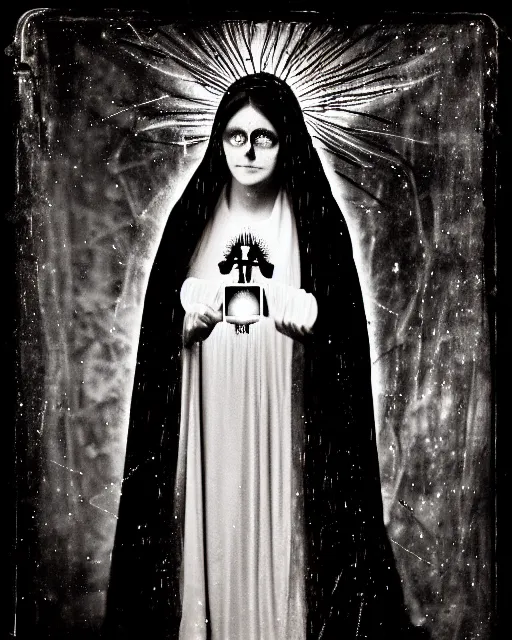 Prompt: tintype virgin mary in dia de muertos dress and makeup high quality photo, microchip, artificial intelligence, bio - mechanical bio - luminescence, black wired cables, neurons, nerve cells, cinematic, rim light, photo - realistic, high detail, 8 k, masterpiece, high fashion, in the style of steven meisel dora maar h. r. giger