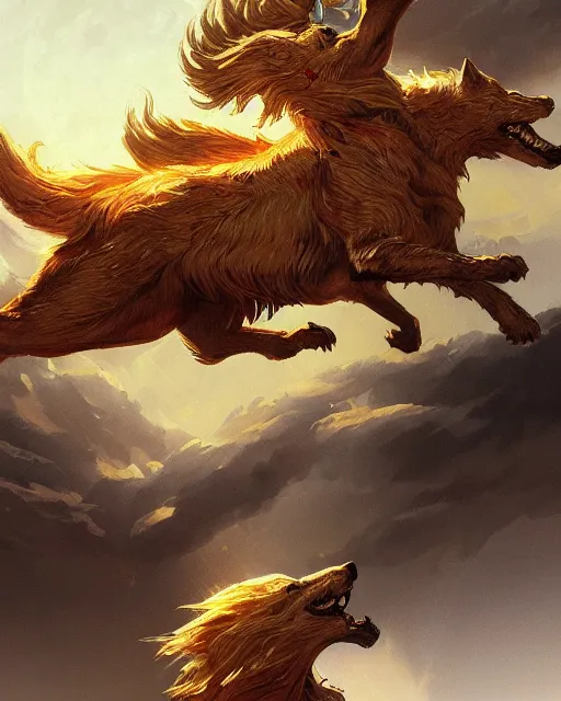 Image similar to '' Illustration of giant gold wolf running through the sky following the moon, league of legends, LOL, fantasy, d&d, digital painting, artstation, concept art, sharp focus, illustration, art by greg rutkowski and alphonse mucha ''