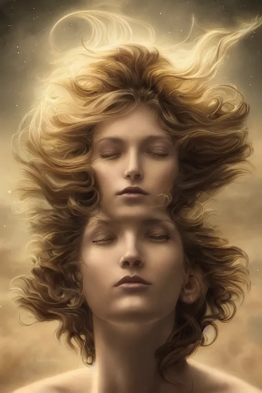 Image similar to wind blowing hair up!!! meditation trance! a celestial surreal creature, dreaming of the void, bust portrait, dnd, fantasy, intricate, elegant, highly detailed, digital painting, artstation, concept art, smooth, sharp focus, illustration, art by artgerm and tom bagshaw and greg rutkowski and alphonse mucha