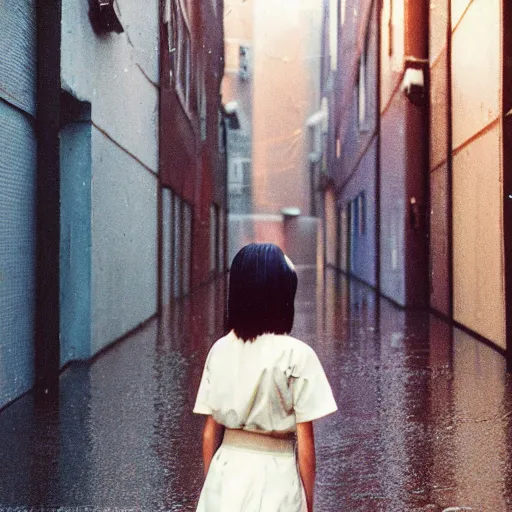 Image similar to 1990s perfect 8K HD professional cinematic photo of close-up japanese schoolgirl posing in sci-fi dystopian alleyway at morning during rain, at instagram, Behance, Adobe Lightroom, with instagram filters, depth of field, taken with polaroid kodak portra