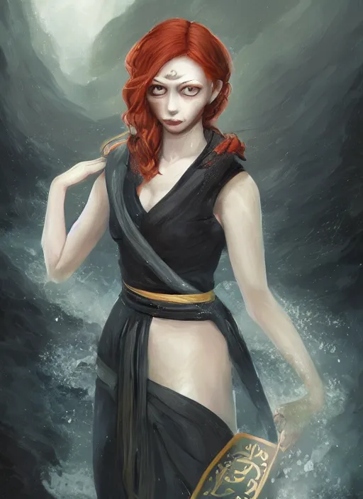 Prompt: a portrait of Nami the burglar as a real girl, wearing a traditional kunoichi dress, ginger hair, beautiful face, intricate, highly detailed, digital painting, artstation, thunderstorm on the background, matte painting, concept art, smooth, sharp focus, illustration, art by Charlie Bowater and Gustave Baumann, matte painting