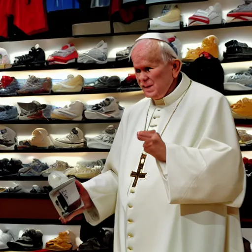 Image similar to john paul ii in a sneaker store