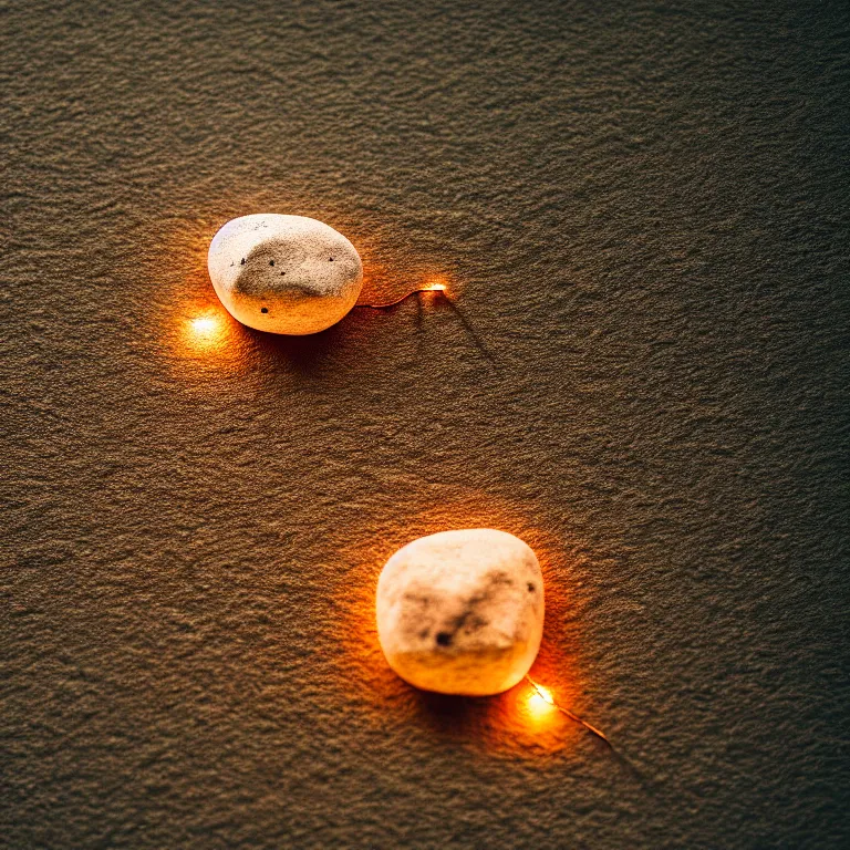 Prompt: photo of a huge pebble with a glowing rune drawn on it. pebble is almost completely wrapped with copper wire. extremely high details, masterpiece, cinematic, octane rendering, depth of field, bokeh, cgsociety