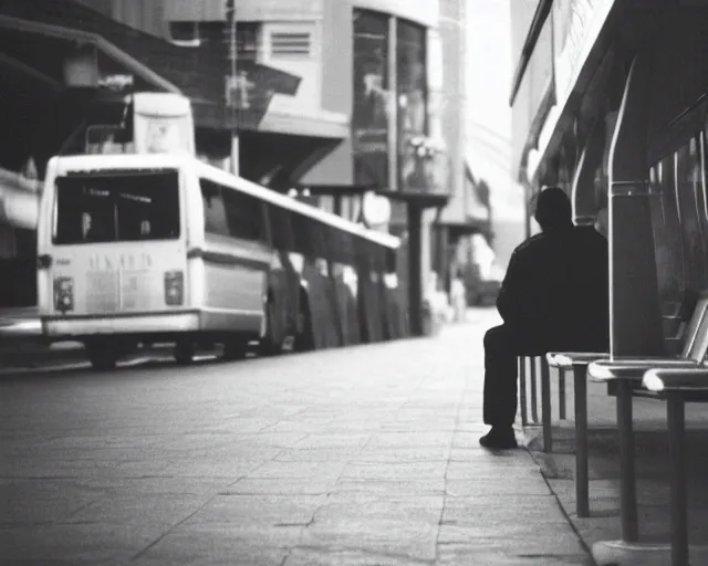 Image similar to a lomographic photo of russian lone man sitting in bus station at early evening in small town, cinestill, bokeh