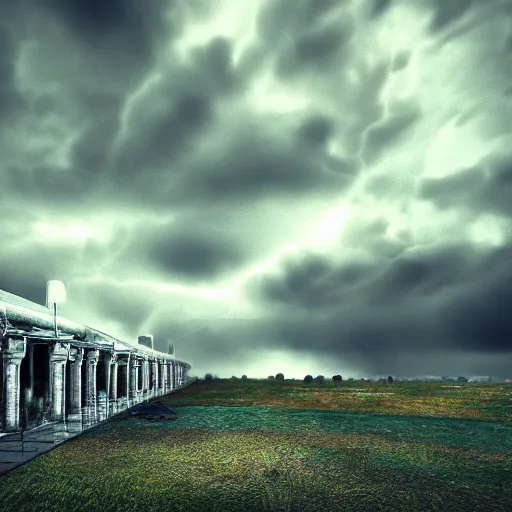 Image similar to Stormy sky with thunders, pipes and vaults system beneath, depth of field, blueshift render, photorealistic